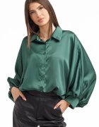 Shopika Camasa eleganta din satin cu maneci bufante verde forest
