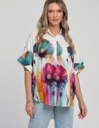 Shopika Camasa oversize cu maneca scurta din in si vascoza imprimeu floral artistic