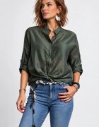 Shopika Camasa satinata oversized cu maneci reglabile verde kaki