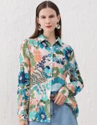 Shopika Camasa subtire din vascoza cu guler clasic si imprimeu floral in nuante de turcoaz si verde