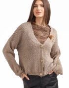 Shopika Cardigan dama cu lana si mohair cu brose decorative pulover casual chic bej inchis