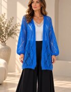Shopika Cardigan lung din Kid Mohair cu tricot ajurat si cordon albastru