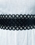 Shopika Centura corset lata din piele ecologica cu tinte metalice argintii in forma de floare si insertii