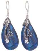 Shopika Cercei din argint 925 cu scoica naturala paua shell albastra si decoratiune florala de argint
