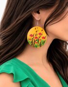 Shopika Cercei galbeni handmade din piele naturala pictati manualcu camp de maci
