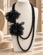 Shopika Colier lung negru mat cu doua flori din organza