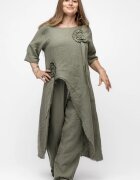 Shopika Compleu cu flori aplicate din in cu bluza tunica mai lunga in spate si pantaloni kaki