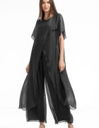 Shopika Compleu cu pantaloni lejeri si bluza fluida in colturi lungi din matase si vascoza gri inchis