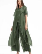 Shopika Compleu cu pantaloni lejeri si bluza fluida in colturi lungi din matase si vascoza kaki