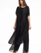 Shopika Compleu cu pantaloni lejeri si bluza fluida in colturi lungi din matase si vascoza negru