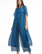 Shopika Compleu cu pantaloni lejeri si bluza fluida in colturi lungi din matase si vascoza turcoaz inchis