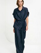 Shopika Compleu dama camasa si pantaloni croi lejer elegant casual din tencel albastru jeans inchis