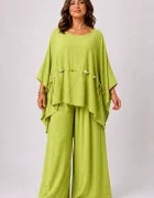 Shopika Compleu dama masura mare din vascoza cu pantaloni palazzo si bluza lejera cu margele verde olive