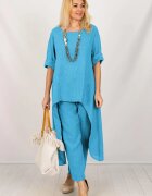 Shopika Compleu din in cu bluza tunica mai lunga in spate si pantaloni albastru azur