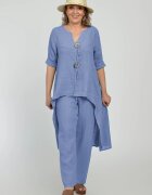 Shopika Compleu din in cu nasturi decorativi cu pantaloni si bluza tunica mai lunga in spate albastru lav