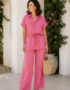 Shopika Compleu din vascoza cu pantaloni palazzo si bluza cu cordon fucsia