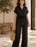 Shopika Compleu din vascoza cu pantaloni palazzo si bluza cu cordon negru