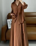 Shopika Compleu din vascoza si bumbac creponate cu camasa si fusta petrecuta camel