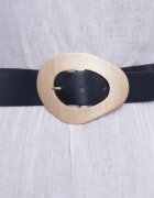 Shopika Curea din piele ecologica neagra cu catarama neregulata aurie si elastic la spate