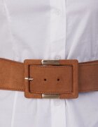 Shopika Curea elastica cu piele ecologica camel si catarama dreptunghiulara cu decoratiune aurie