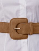 Shopika Curea elastica cu piele intoarsa ecologica camel si catarama dreptunghiulara cu colturi rotunjite