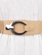 Shopika Curea elastica cu solzi din piele ecologica bej de 6 cm latime cu catarama ovala argintie
