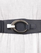 Shopika Curea elastica cu solzi din piele ecologica bleumarin de 6 cm latime cu catarama ovala argintie