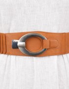 Shopika Curea elastica cu solzi din piele ecologica camel de 6 cm latime cu catarama ovala argintie