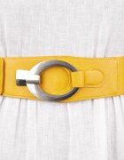 Shopika Curea elastica cu solzi din piele ecologica galbena de 6 cm latime cu catarama ovala argintie