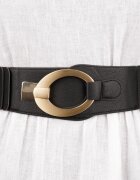 Shopika Curea elastica cu solzi din piele ecologica neagra de 6 cm latime cu catarama ovala aurie