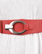 Shopika Curea elastica cu solzi din piele ecologica rosie de 6 cm latime cu catarama ovala argintie