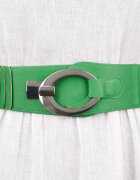 Shopika Curea elastica cu solzi din piele ecologica verde de 6 cm latime cu catarama ovala argintie