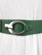 Shopika Curea elastica cu solzi din piele ecologica verde inchis de 6 cm latime cu catarama ovala argintie