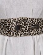 Shopika Curea elastica din piele ecologica bej cu animal print si catarama ovala argintie