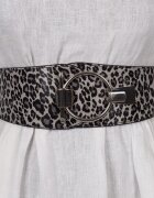 Shopika Curea elastica neagra din piele ecologica gri cu animal print si catarama ovala argintie