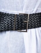 Shopika Curea impletita neagra de 7 cm din piele ecologica cu catarama metalica aurie dreptunghiulara