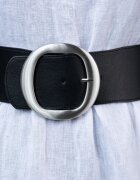 Shopika Curea lata neagra de 7.5 cm din material elastic cu catarama metalica argintie rotunda