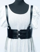 Shopika Curea neagra cu catarame argintii si bretele din imitatie piele cu margele metalice lungi