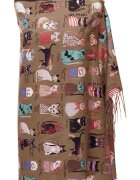 Shopika Esarfa casmir cu imprimeu pisicute cochete pe fond camel