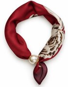 Shopika Esarfa colier satinata cu perla decorativa si inchidere magnetica imprimeu floare bej pe fond bordo