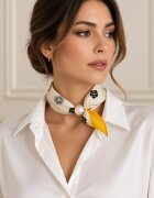 Shopika Esarfa colier satinata cu perla decorativa si inchidere magnetica imprimeu floral cu galben pe fond