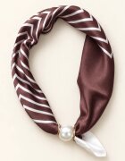 Shopika Esarfa colier satinata cu perla decorativa si inchidere magnetica imprimeu geometric alb pe fond ma