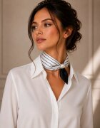 Shopika Esarfa colier satinata cu perla decorativa si inchidere magnetica imprimeu geometric negru pe fond
