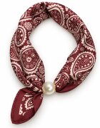 Shopika Esarfa colier satinata cu perla decorativa si inchidere magnetica imprimeu paisley alb cu bordo