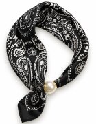 Shopika Esarfa colier satinata cu perla decorativa si inchidere magnetica imprimeu paisley alb cu negru
