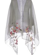 Shopika Esarfa din matase verde menta cu broderie flori pe fond transparent de organza