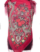 Shopika Esarfa gipsy patrata mare tip Pavlovo Posad cu imprimeu floral traditional pe fond bordo