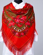 Shopika Esarfa gipsy patrata mare tip Pavlovo Posad cu imprimeu floral traditional pe fond rosu