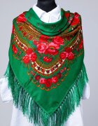 Shopika Esarfa gipsy patrata mare tip Pavlovo Posad cu imprimeu floral traditional pe fond verde