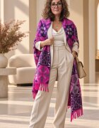 Shopika Esarfa premium din lana si vascoza cu imprimeu oriental floral cu fucsia mov si bej